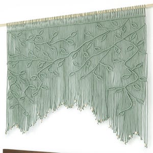 Cortina de macramê com estampa de folhas, tapeçaria boho para janela, arte de parede em algodão verde sálvia.