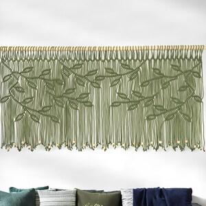 Macrame Leaf Window Valance, Olive Green Privacy Curtain, Custom Width