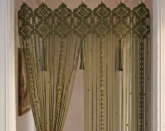 Olive Green Macrame Door Curtain, Boho Geometric Fiber Art Room Divider, Hand-Knotted Tapestry