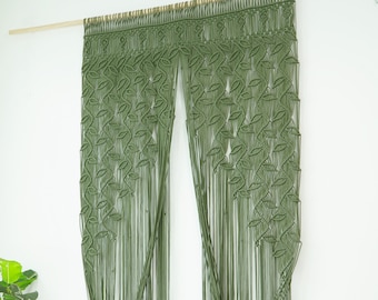 Green Leaf Macrame Curtain: Boho Doorway Tapestry, Long Valance