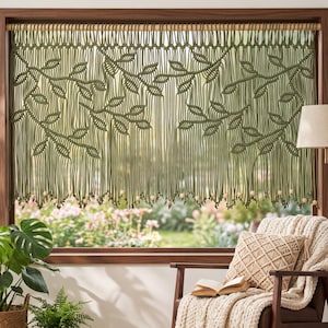 Olive Green Macrame Leaf Valance, Boho Cotton Curtain Topper with Wood Beads
