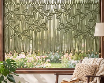 Olive Green Macrame Leaf Valance, Boho Cotton Curtain Topper with Wood Beads