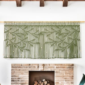 Handmade Olive Green Macrame Window Valance: Boho Leaf Design