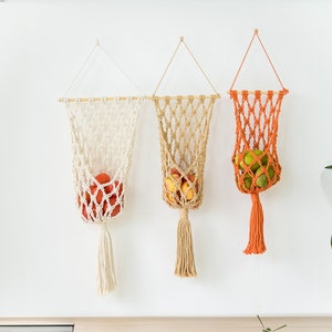 Macrame Fruit Hanging Basket: Boho Kitchen Decor, Veggie Storage