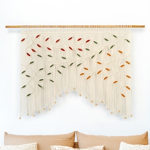 Boho Macrame Window Curtain: Handmade Cotton Leaf Tapestry