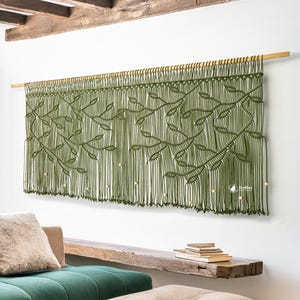 Leaf Macrame Window Valance: Olive Green Boho Fiber Wall Decor