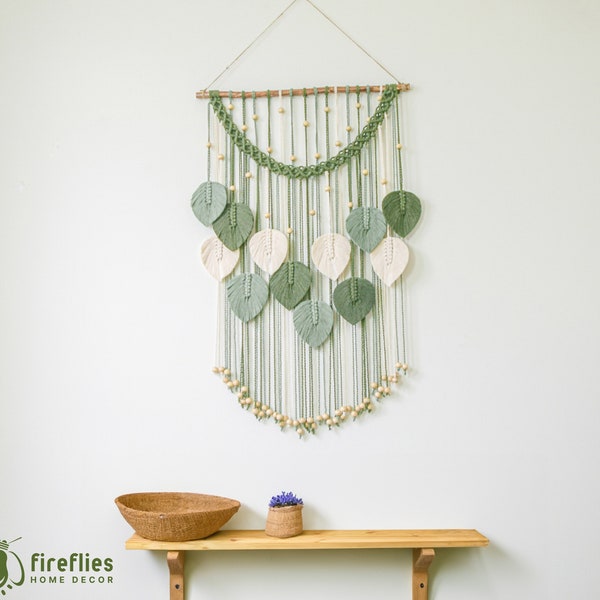 Macrame leaf wall hanging, Wall Hanging Green Leaf Macrame Wall Decor, Boho Wall Decor, Jungle Nursery Decor, Macrame Large Art, Green Decor