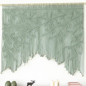 マクラメリーフ柄の窓用カーテン、セージグリーンのボヘミアン風壁掛けタペストリー、素朴で伝統的な天井ボード装飾
