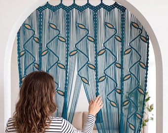 Coastal Peacock Macrame Door Curtain, Boho Cotton Doorway Cover, Hand-knot Tapestry with Tassels