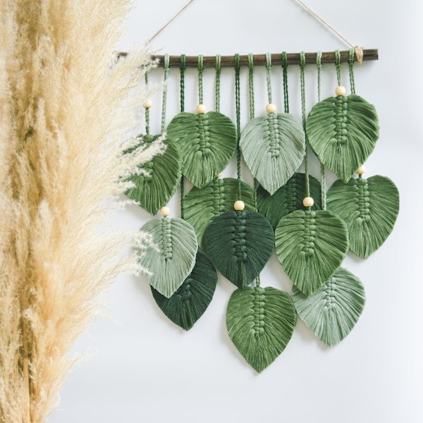 Makramee Blatt Wandbehang für Boho Dekor, grüne Wandbehang, Bauernhaus Wandkunst, botanische Wandkunst, buntes Makramee Blatt, neues Zuhause Geschenk