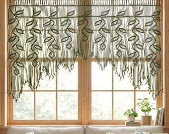 Olive Green Botanical Macrame Wall Hanging, Leaf Pattern Tapestry for Farmhouse Living Room