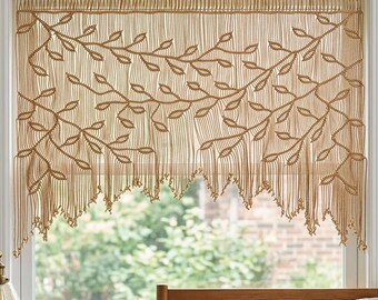 Latte Macrame Wall Hanging, Botanical Leaf Tapestry, Sandstone Fiber Art with Wood Beads
