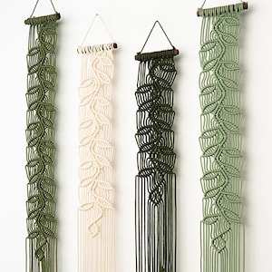 Vertical Olive Green Macrame Wall Hangings, Botanical Fiber Art in Forest Green