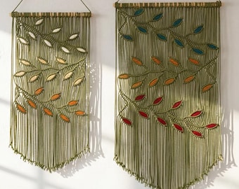 Macrame Colorful Leaves Wall Hanging, Botanical Fiber Cotton Art, Modern Farmhouse Housewarming Gift