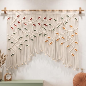 Boho Macrame Window Curtain, Trio Colored Handmade Cotton Leaf Tapestry