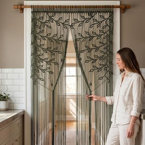 Dark Green Macrame Leaf Doorway Curtain, Boho Room Divider, Forest Green Tapestry