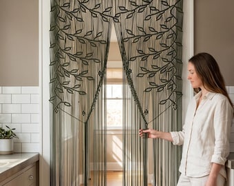 Cortina de macramé verde oscuro con forma de hoja para puerta, separador de ambientes estilo boho, tapiz verde bosque.