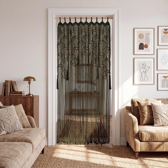 Macrame Curtain Blind, Dark Green Leaf Valance, Bohemian Door Divider