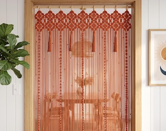 Terracotta Macrame Door Curtain, Boho Geometric Fiber Art Room Divider, Hand-Knotted Tapestry