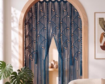 Coastal Peacock Macrame Door Curtain, Boho Cotton Doorway Cover, Hand-knot Tapestry with Tassels