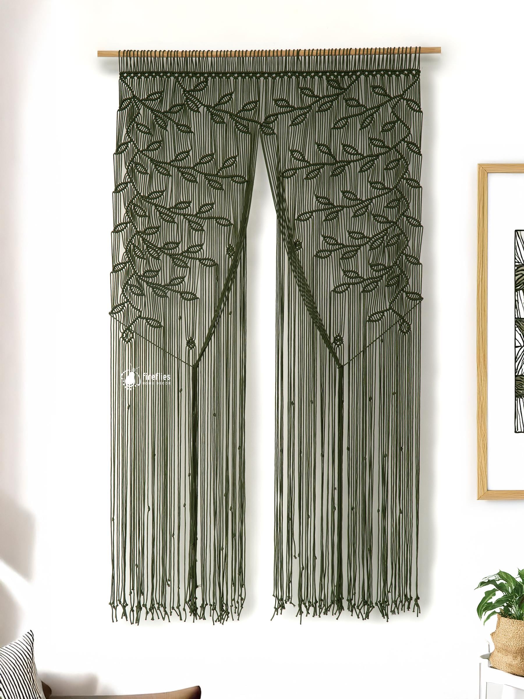 Handmade Macrame Leaf Curtain: Bohemian Dark Green Cotton Room Divider