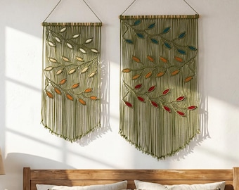 Macrame Colorful Leaves Wall Hanging, Botanical Fiber Cotton Art, Modern Farmhouse Housewarming Gift