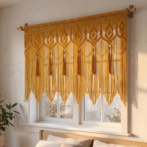 Mustard Geometric Diamond Macrame Wall Hanging, Boho Tassel Tapestry, Ochre Fiber Art