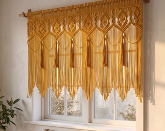 Mustard Geometric Diamond Macrame Wall Hanging, Boho Tassel Tapestry, Ochre Fiber Art