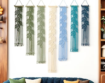 Vertical Leaf Macrame Wall Hanging: Narrow Tapestry Art