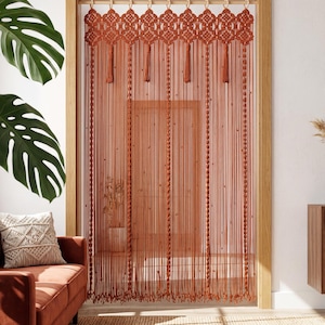 Terracotta Macrame Doorway Curtain, Terracotta Scalloped Room Divider, Earthy Boho Archway Drape
