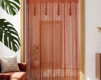 Terracotta Macrame Doorway Curtain, Terracotta Scalloped Room Divider, Earthy Boho Archway Drape
