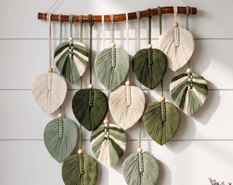 Macrame Leaf Wall Hanging, Boho Botanical Home Decor, Rustic Green Macrame Leaves