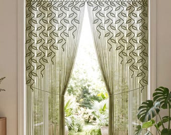 Rich Olive Green Macrame Curtain, Woven Botanical Vine Doorway Hanging, Boho Room Divider