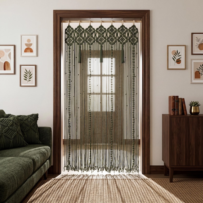 Olive green macrame valance featuring intricate geometric diamond knotwork, three decorative tassels, and long vertical rope strands on a natural wooden rod.