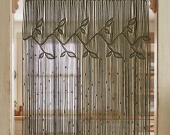 Large Botanical Dark Green Macrame Curtain, Hand-Knotted Vine Header Doorway Divider Boho Event Backdrop
