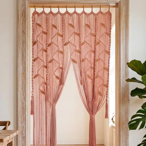 Long Pink Macrame Doorway Curtain, Elegant Boho Space Divider, Extra Large Botanical Wall Tapestry