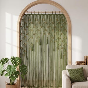 Olive Green Macrame Arch Doorway Curtain, Hand-Knotted Door Divider with Leaf Motifs