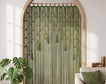 Olive Green Macrame Arch Doorway Curtain, Hand-Knotted Door Divider with Leaf Motifs