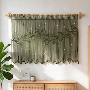 Olive Green Macrame Valance, Handwoven Boho Leaf Vine Curtain, Wood Beaded Leaf Pattern Tapestry