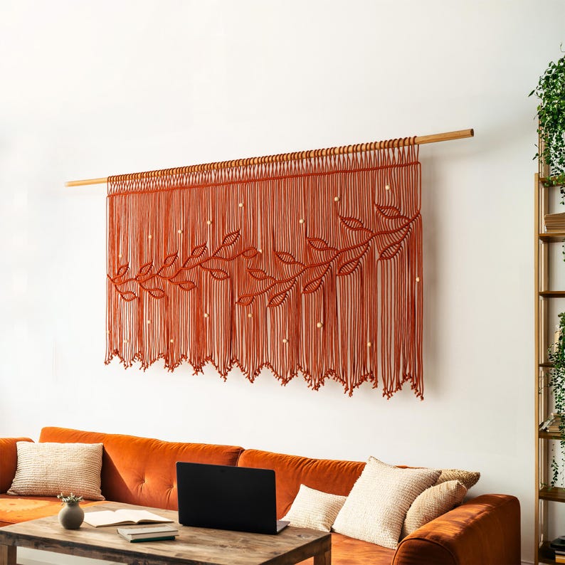 Earthy Window Screen Terracotta Macrame Leaf Window Curtain, Rustic Overhead Board Wall ...