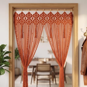 Terracotta Macrame Doorway Curtain, Terracotta Scalloped Room Divider, Earthy Boho Archway Drape