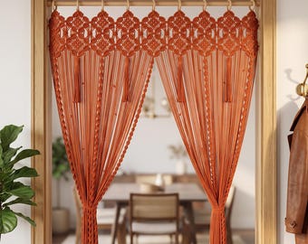 Terracotta Macrame Doorway Curtain, Terracotta Scalloped Room Divider, Earthy Boho Archway Drape