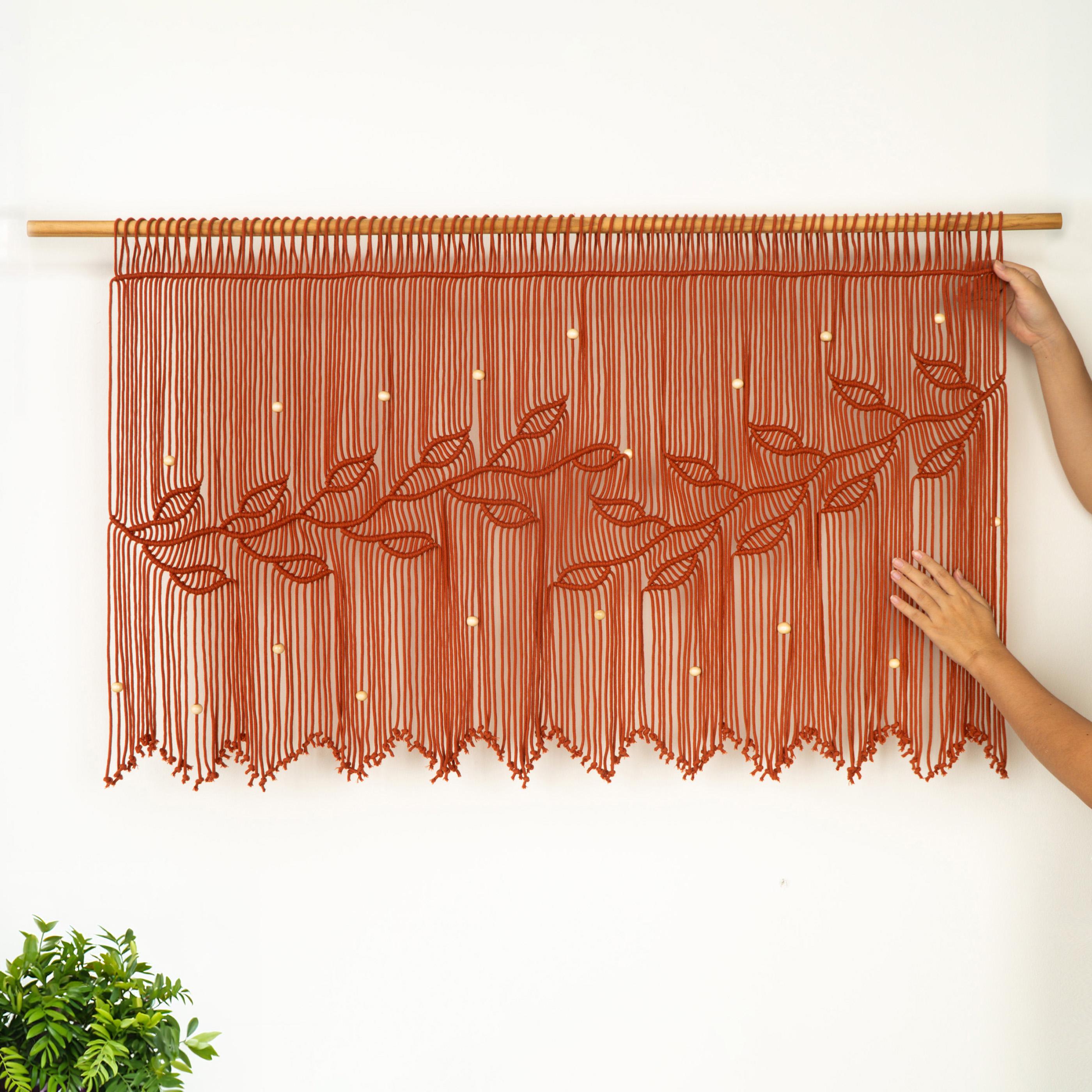 Earthy Window Screen Terracotta Macrame Leaf Window Curtain, Rustic Overhead Board Wall ...