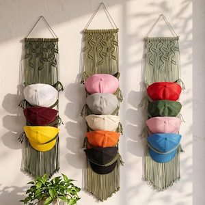Hand-Knotted Macrame Hat Hanger, Botanical Leaf Design, Vertical Cap Organizer (Multiple colors available)