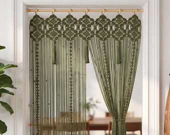 Olive Green Macrame Door Curtain, Boho Geometric Fiber Art Room Divider, Hand-Knotted Tapestry