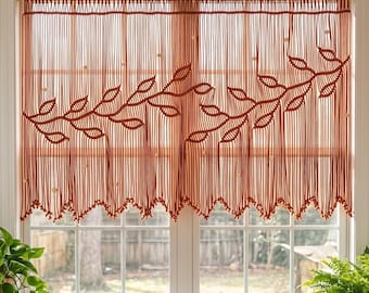 Terracotta Macrame Leaf Window Valance, Burnt Orange Wood Bead Tapestry (Inside-Mounted)