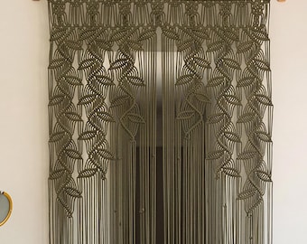 Olive Green Macrame Door Curtain, Botanical Leaf Pergola Privacy Screen & Boho Room Divider