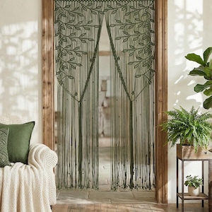 Olive Green Boho Macrame Doorway Curtain, Floor Length Leaf Pattern Room Divider, Earthy Cottagecore Archway Drape