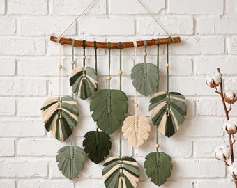 Monstera Macrame Wall Hanging, Botanical Green Wall Art, Boho Fiber Decor