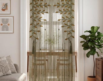 Olive Green Macrame Curtain with Mustard Leaves, Hand-Knotted Vine Room Divider, Boho Archway Drape